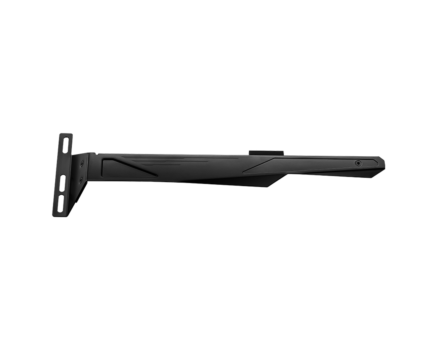 Schwarze GPU-Halterung mit Montageplatte und gebogenem Arm.