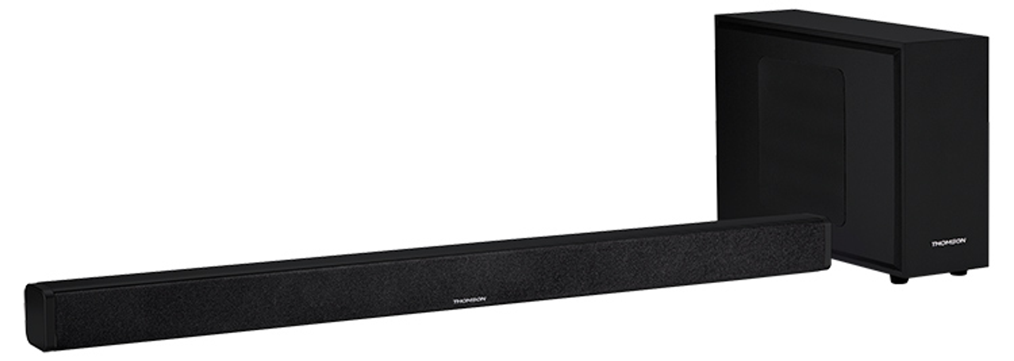 Czarny soundbar i subwoofer na białym tle. Soundbar jest długi i cienki.