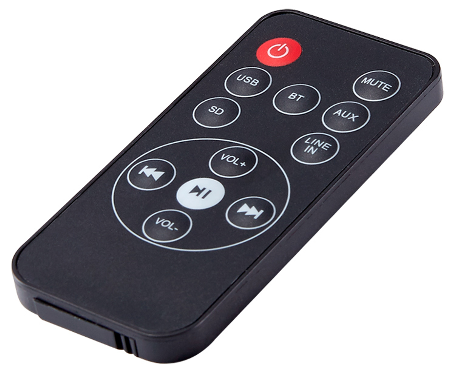 Czarny pilot z przyciskami USB, BT, SD, AUX, Line In, Mute, Vol+, Vol- i kontrolkami odtwarzania.