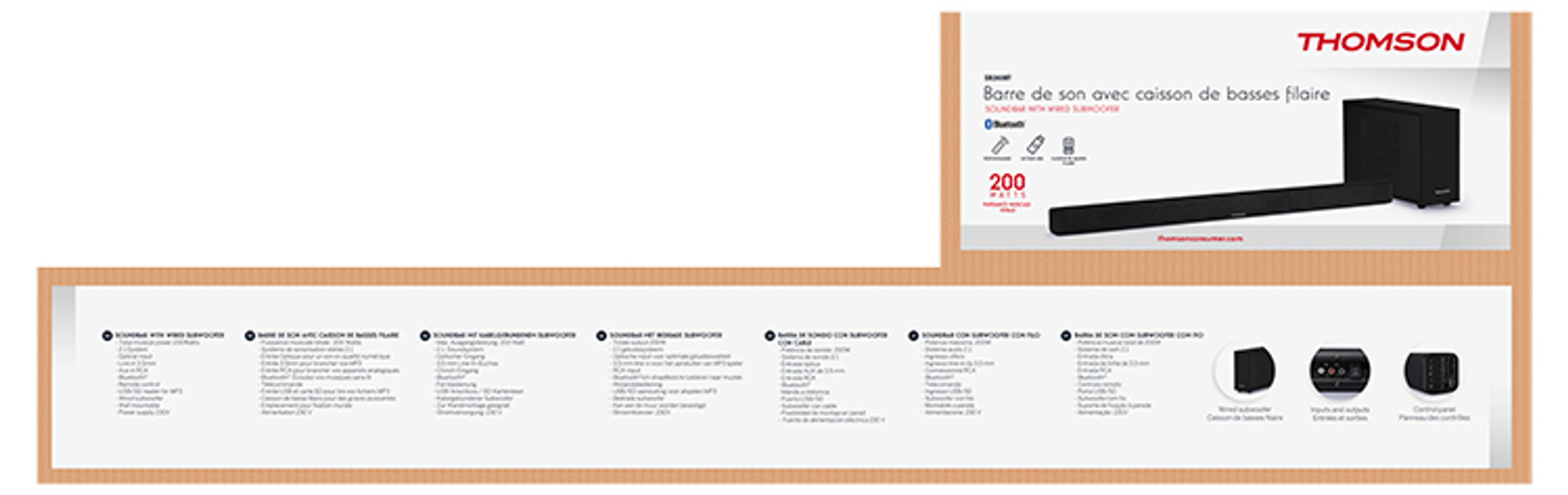 Soundbar z subwooferem i pudełko z tekstem.