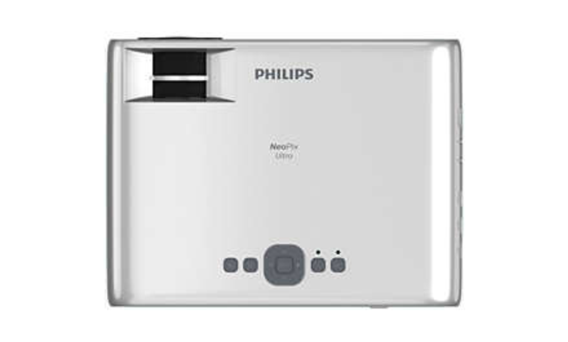 Un proyector Philips plateado con botones. El proyector es rectangular y tiene el logotipo de Philips en la parte superior.