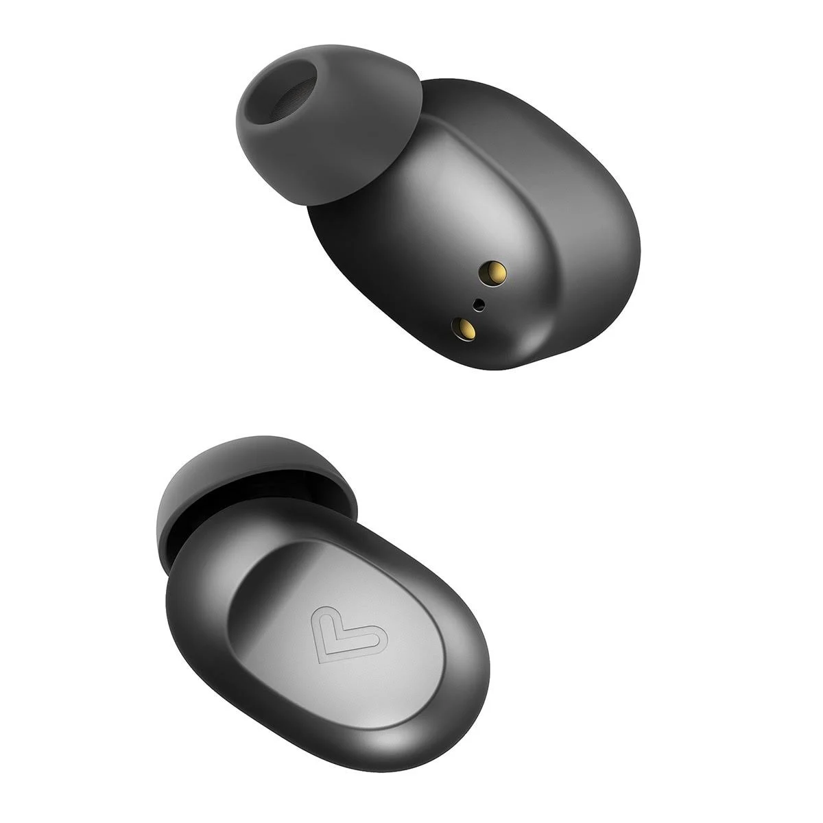 Dos auriculares negros. Uno tiene un logotipo y el otro un diseño circular.