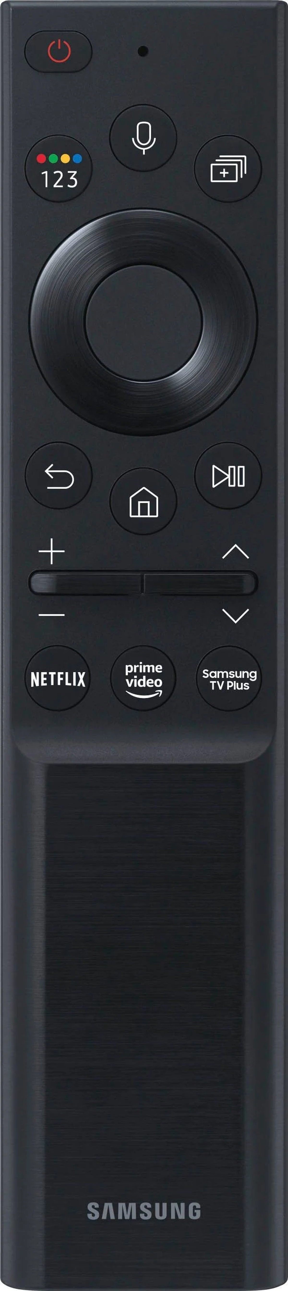 Czarny pilot do telewizora Samsung. Posiada różne przyciski, w tym Netflix i Prime Video.