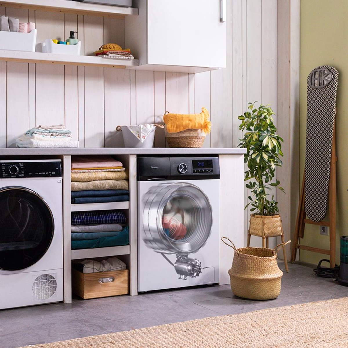 Pralnia z pralką, suszarką i suszarką na pranie. Jest roślina i kosz.