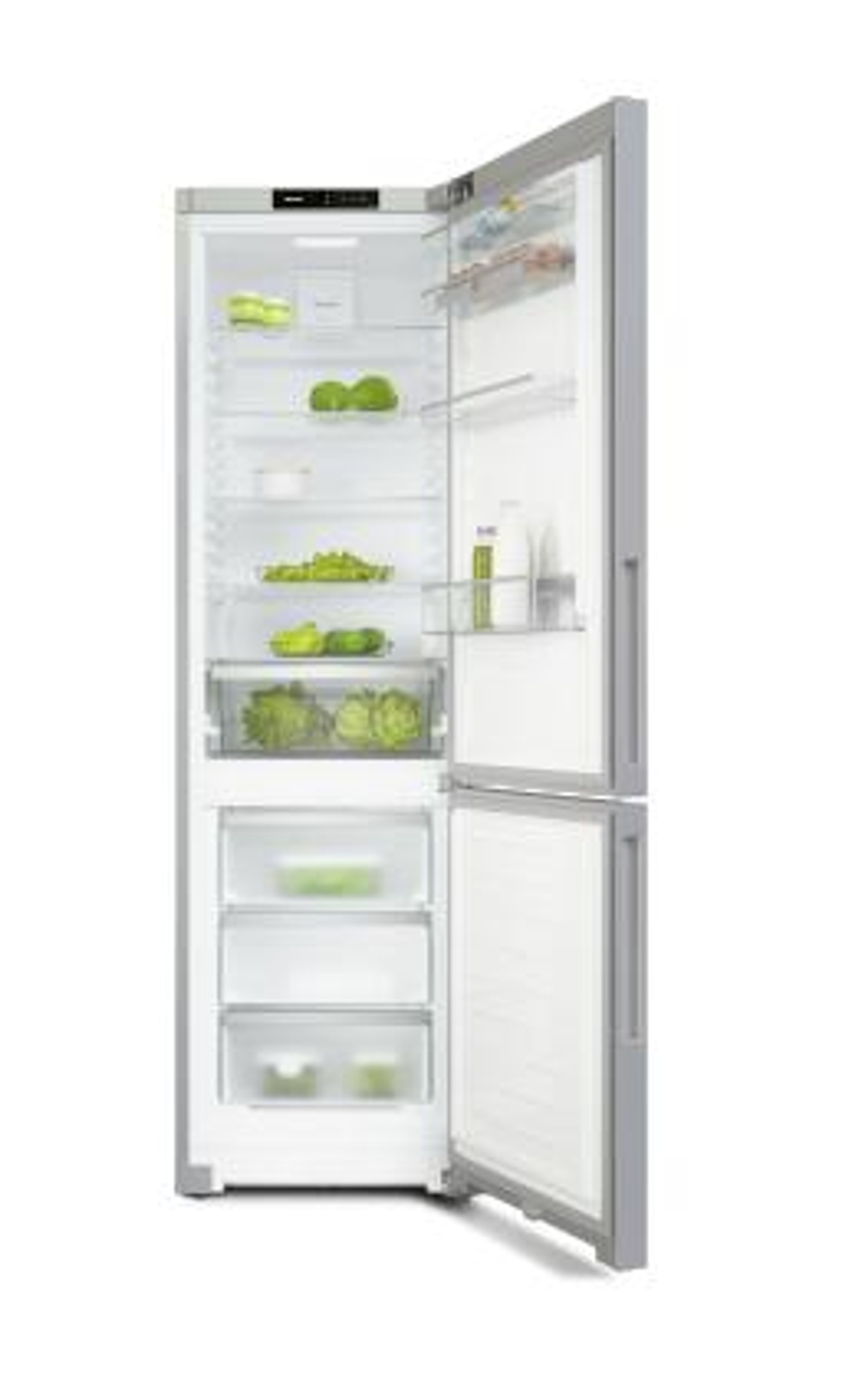 Un frigorifero con la porta aperta, che mostra ripiani con prodotti verdi e cassetti. Interno bianco.