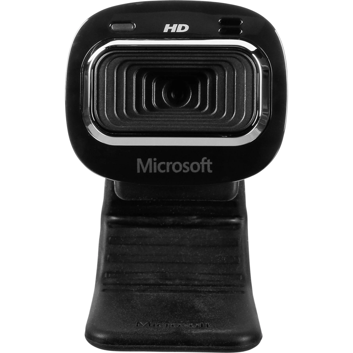 Webcam Microsoft nera con obiettivo quadrato, finiture argentate e base nera. La parola 'HD' è sopra l'obiettivo.