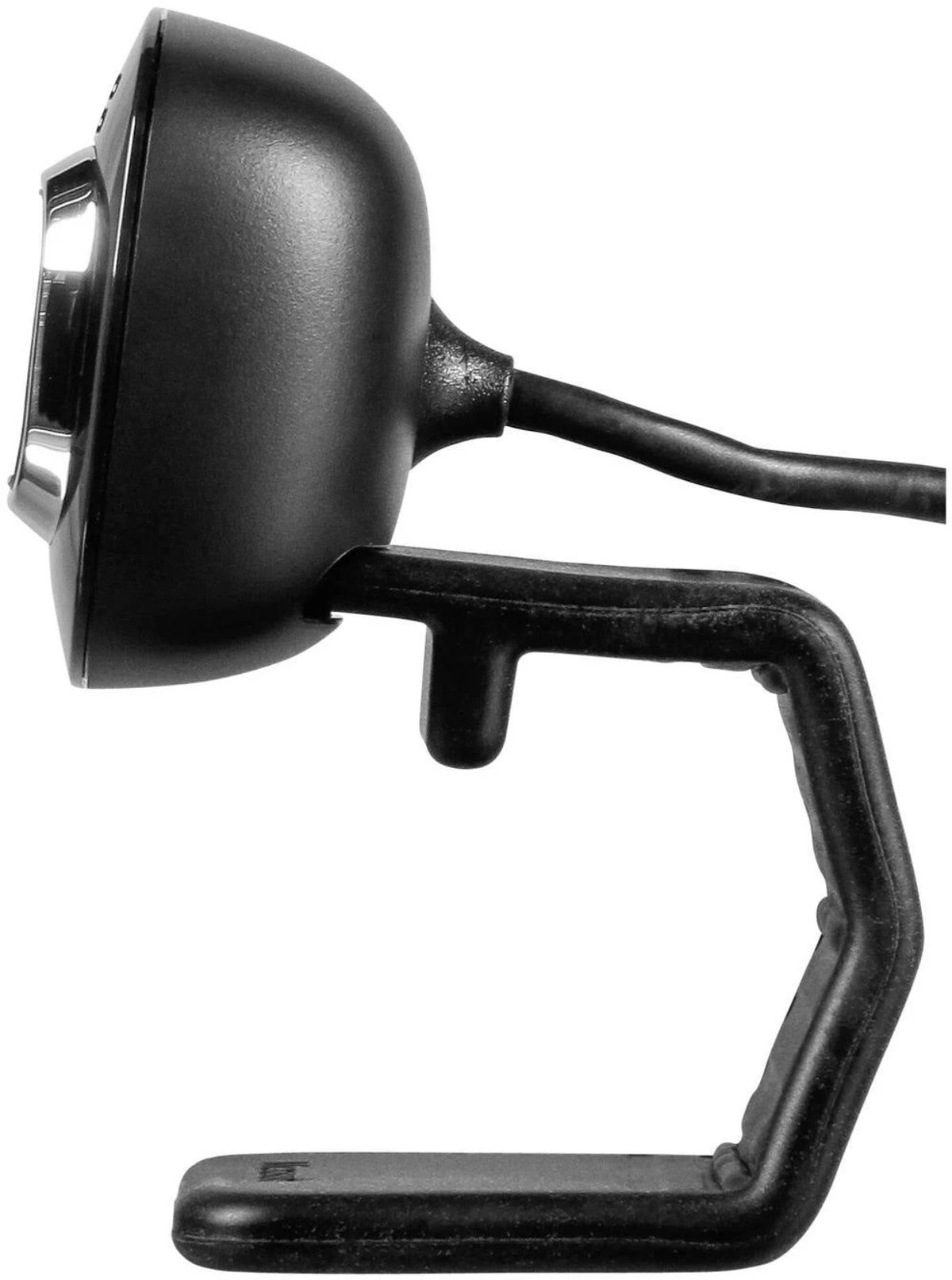 Una webcam nera con un supporto. La webcam ha un obiettivo rotondo e un corpo nero.