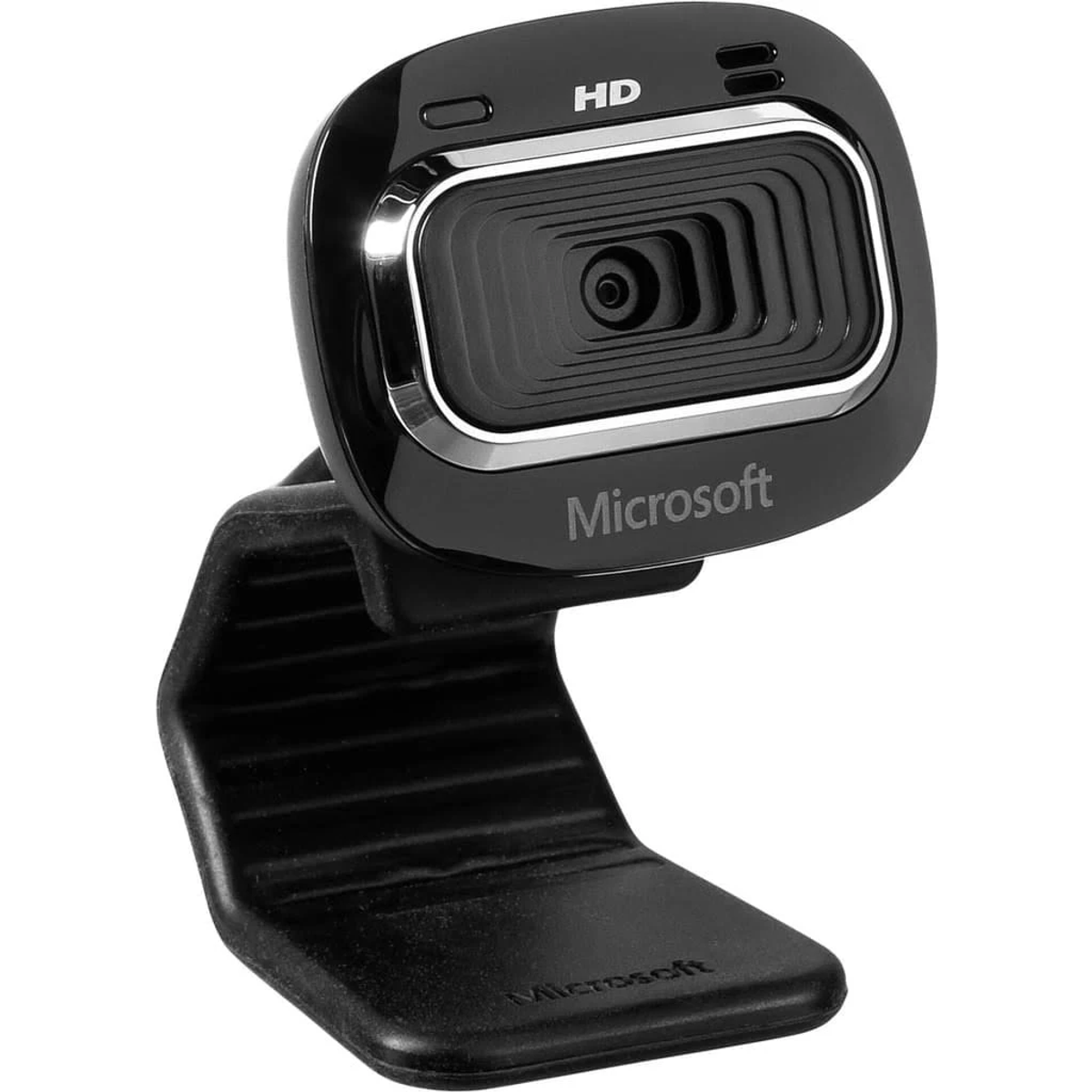 Webcam Microsoft nera su un supporto. La fotocamera è quadrata con lente e finiture argentate.