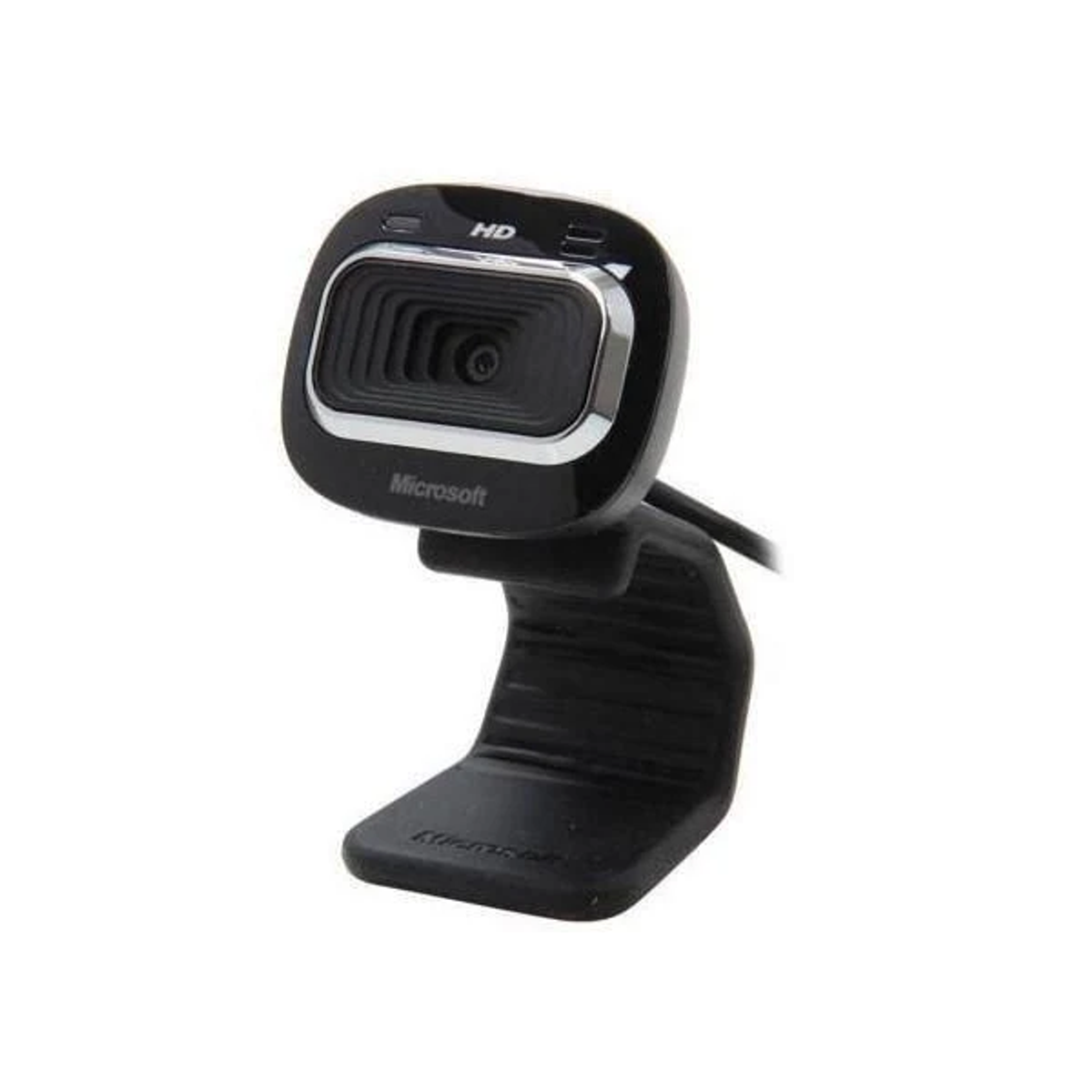 Webcam Microsoft nera con lente quadrata, su sfondo bianco.