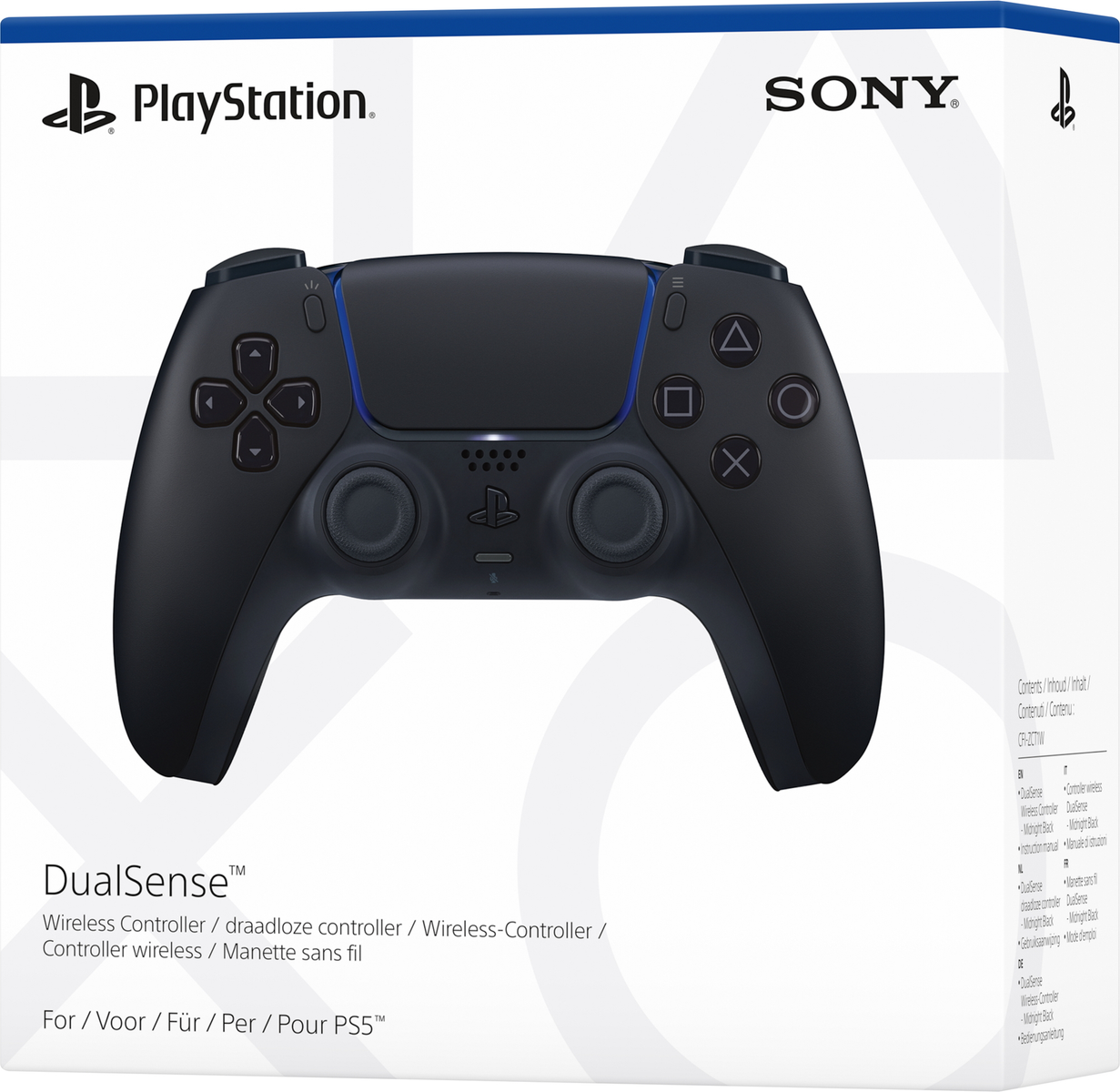 Czarny kontroler DualSense do PS5, z przyciskami i joystickami, w białym i niebieskim pudełku, z logo PlayStation.