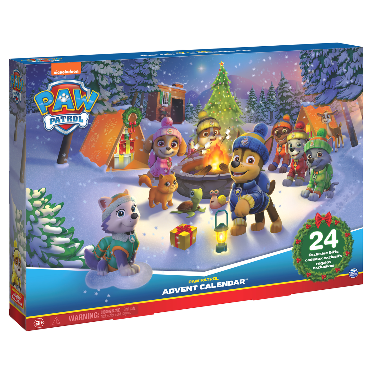 Eine Paw Patrol Adventskalenderbox mit Paw Patrol Charakteren und einer verschneiten Winterszene.