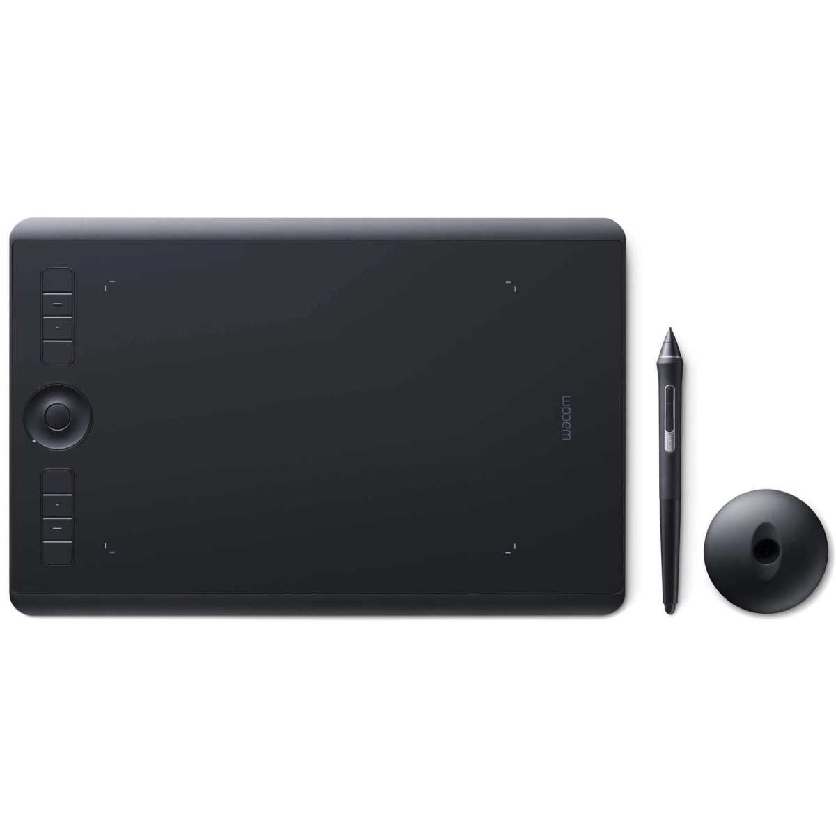 Ein schwarzes Wacom-Tablet mit Stift und Stifthalter.