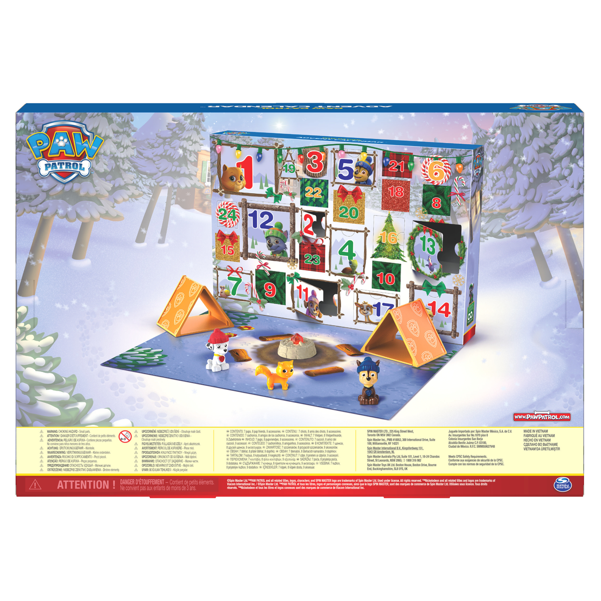 Ein Adventskalender-Kasten mit Paw Patrol-Figuren. Enthält nummerierte Türen und Spielfiguren.