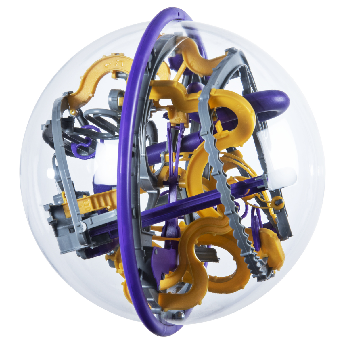 Sfera labirinto in plastica trasparente con piste e palline gialle, grigie e viola.