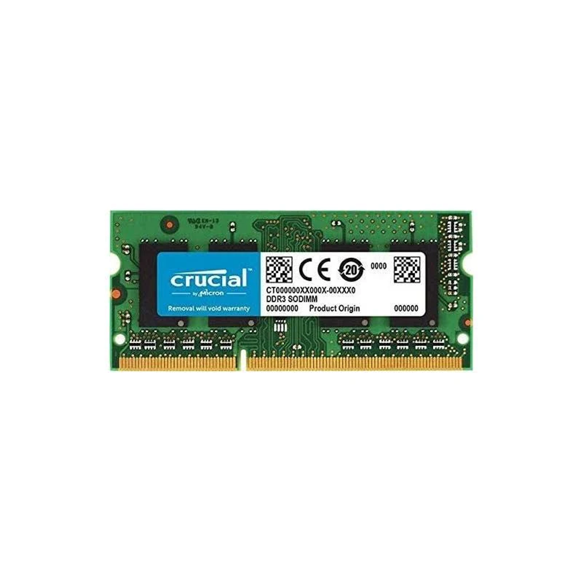 Ein grünes RAM-Speichermodul mit Crucial-Logo und technischen Details, auf weißem Hintergrund.