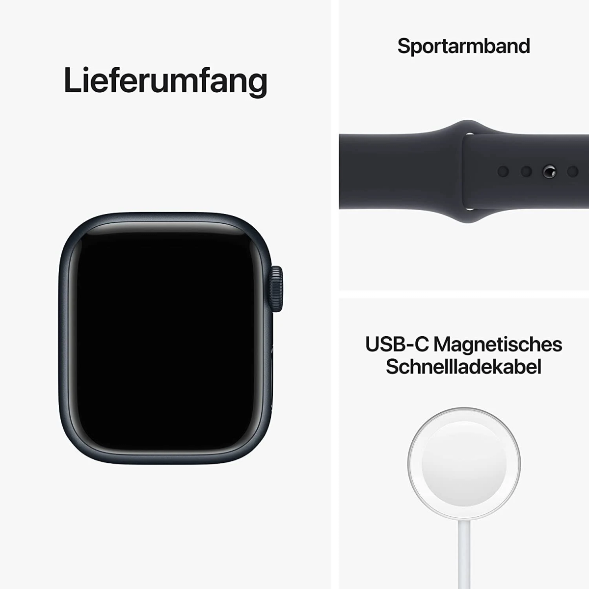 Apple Watch mit Zubehör: Sportarmband und magnetisches Ladekabel.