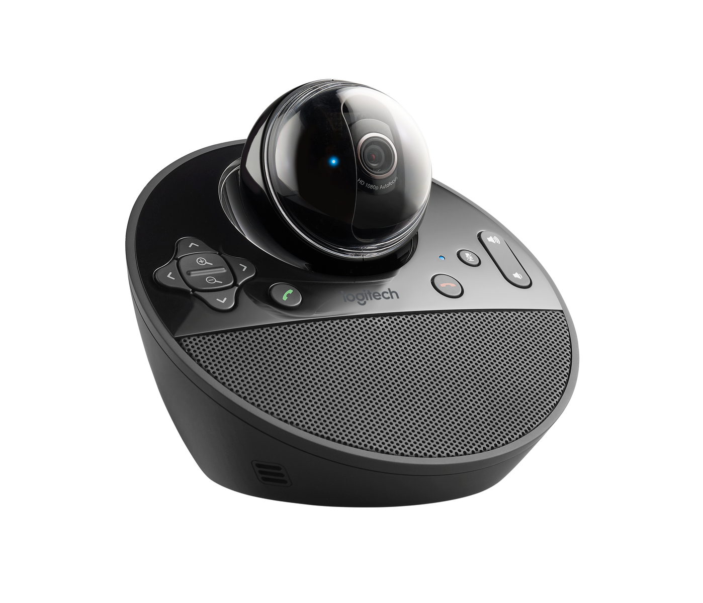 Eine schwarze Logitech-Konferenzkamera. Sie befindet sich auf weißem Hintergrund und ist nach links geneigt.