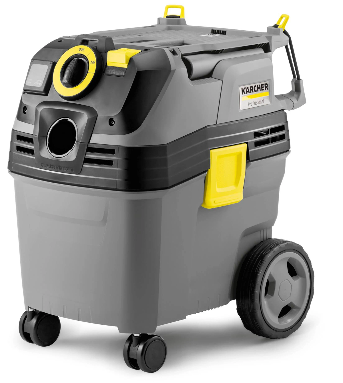 Szaro-żółty odkurzacz Kärcher. Ma koła i uchwyt.
