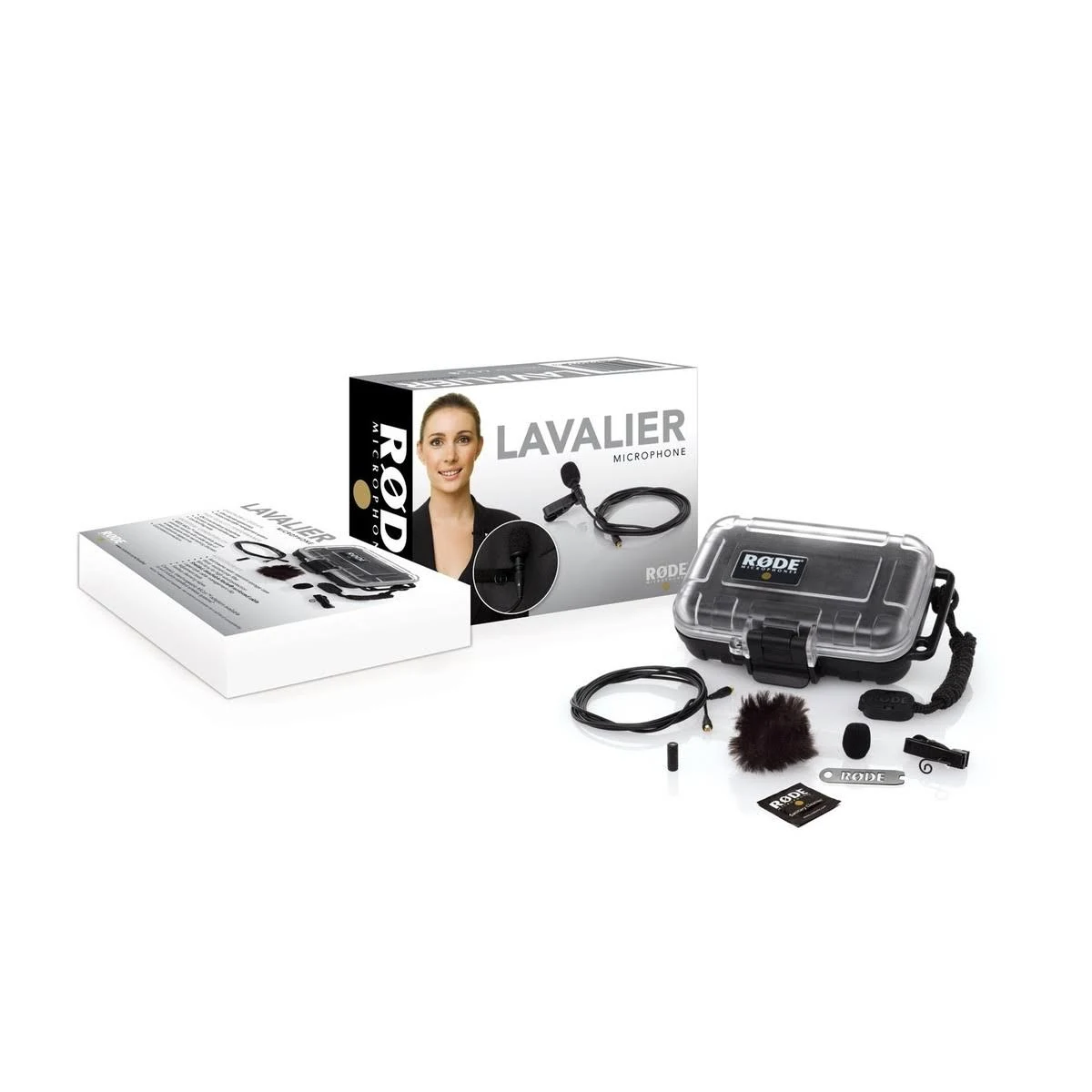 Set microfono Rode Lavalier con scatola, cavo e accessori su sfondo bianco.