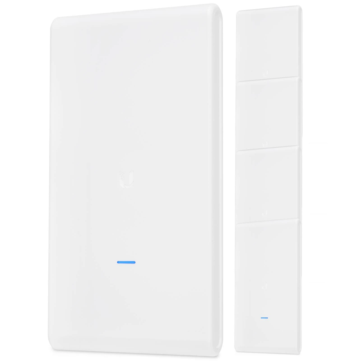 Dwa białe urządzenia smart home na białym tle. Jedno jest prostokątne, drugie mniejsze.