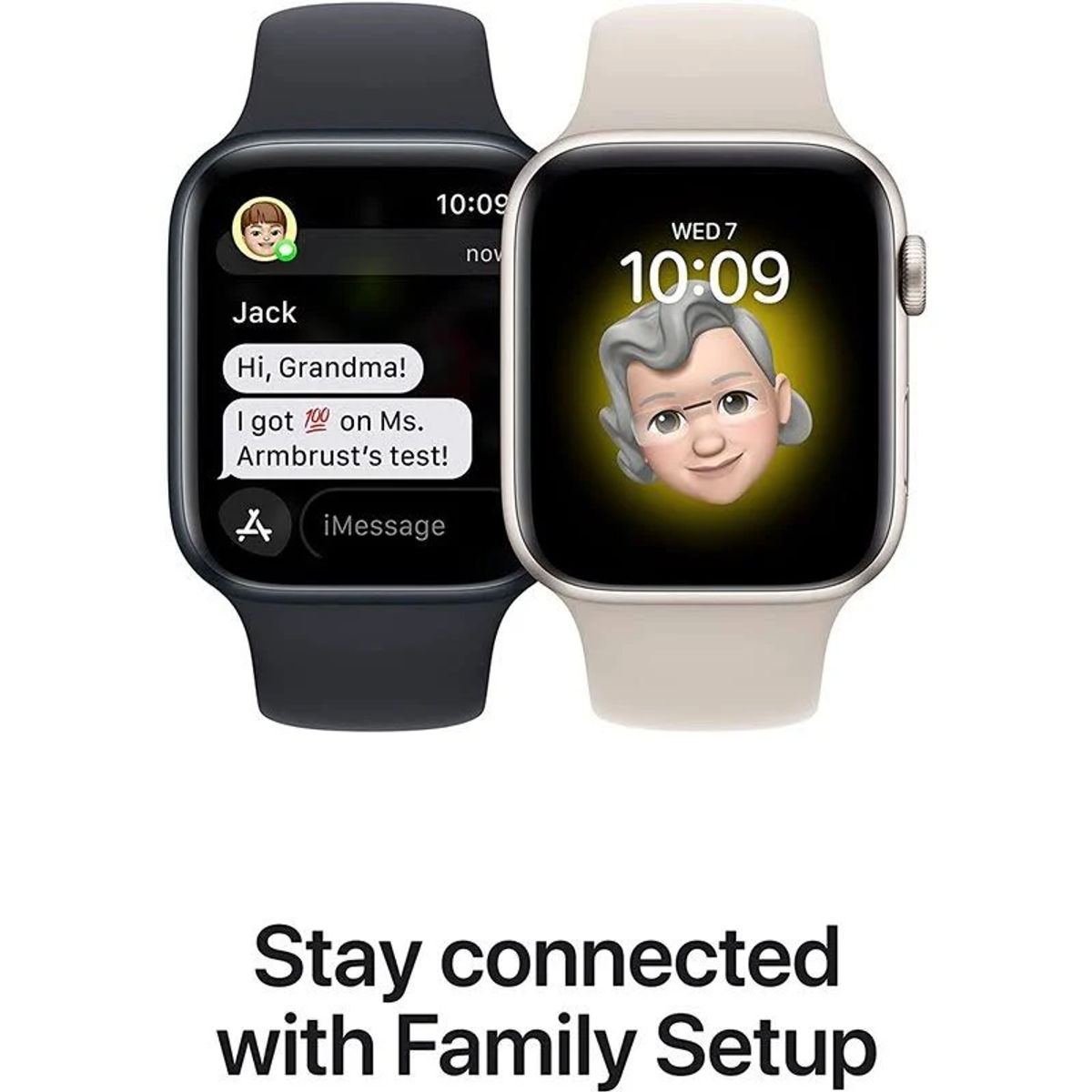 Twee smartwatches tonen berichten. Eén heeft een zwarte band, de andere beige. De tekst is Blijf verbonden met Family Setup.