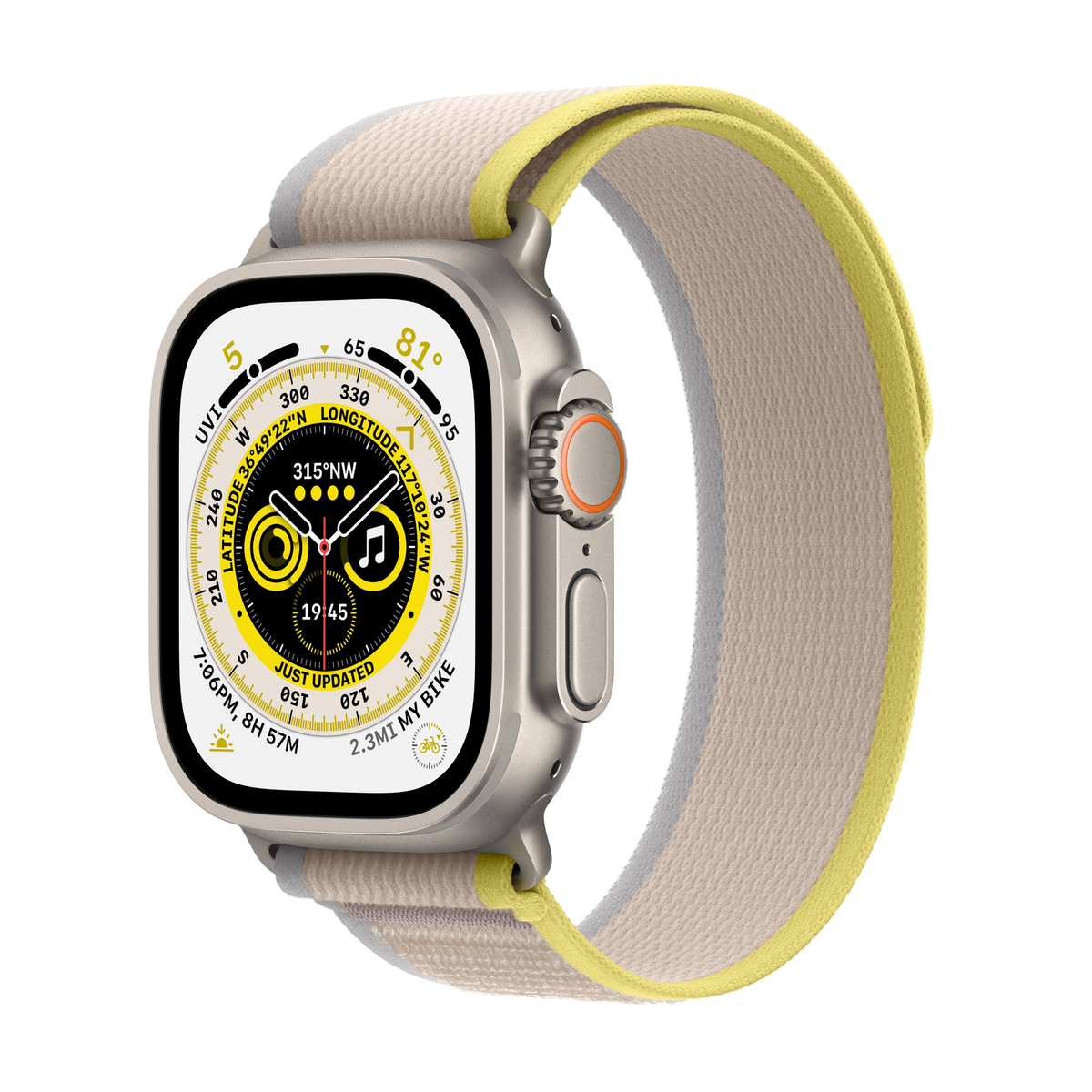 Apple Watch Ultra mit gelb-beigem Armband, zeigt Zeit und Kompassinformationen.