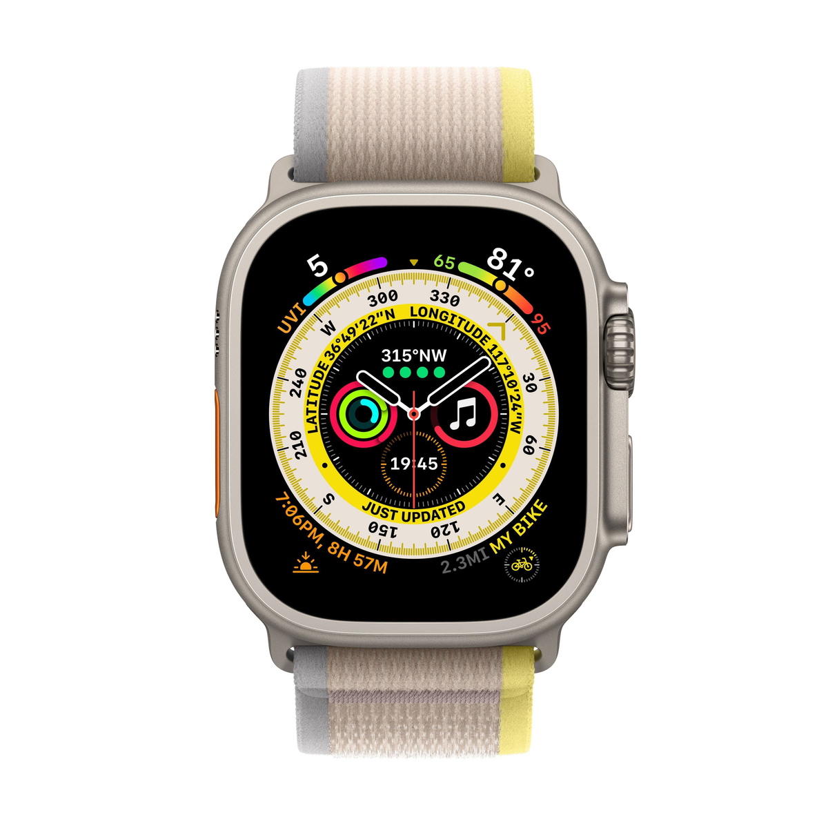 Apple Watch Ultra Smartwatch. Die Uhr zeigt Zeit, Datum und verschiedene Metriken an. Sie hat ein beiges Armband.