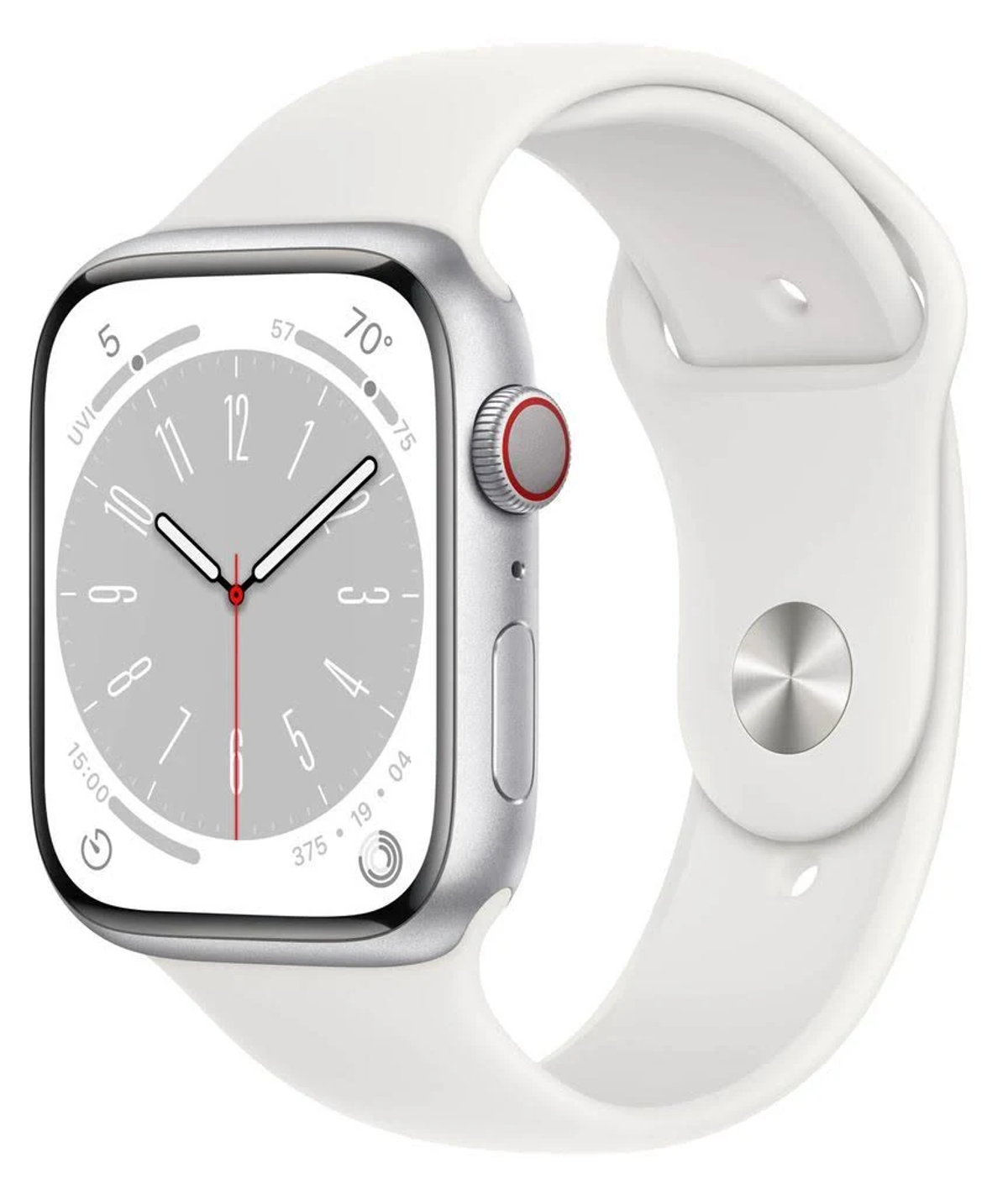 Silberne Apple Watch mit weißem Armband, die Uhrzeit und andere Daten anzeigt.