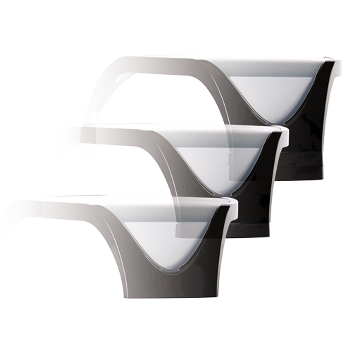 Immagine astratta di tre forme curve in bianco e nero su sfondo bianco.