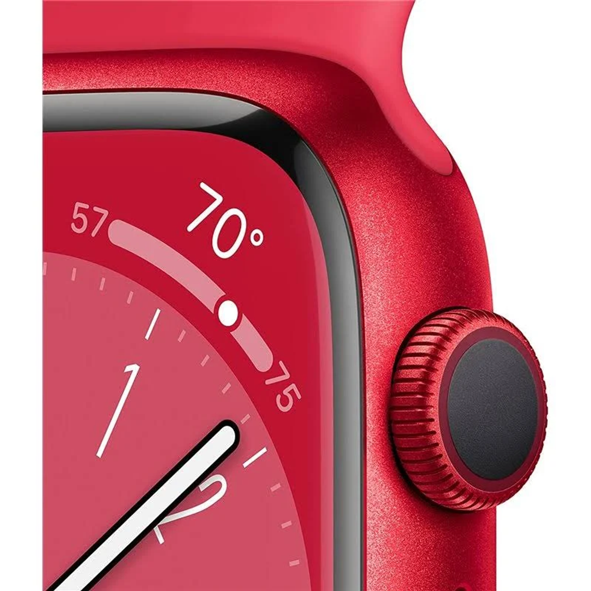Nahaufnahme einer roten Apple Watch mit rotem Armband, Zifferblatt mit 70 Grad.