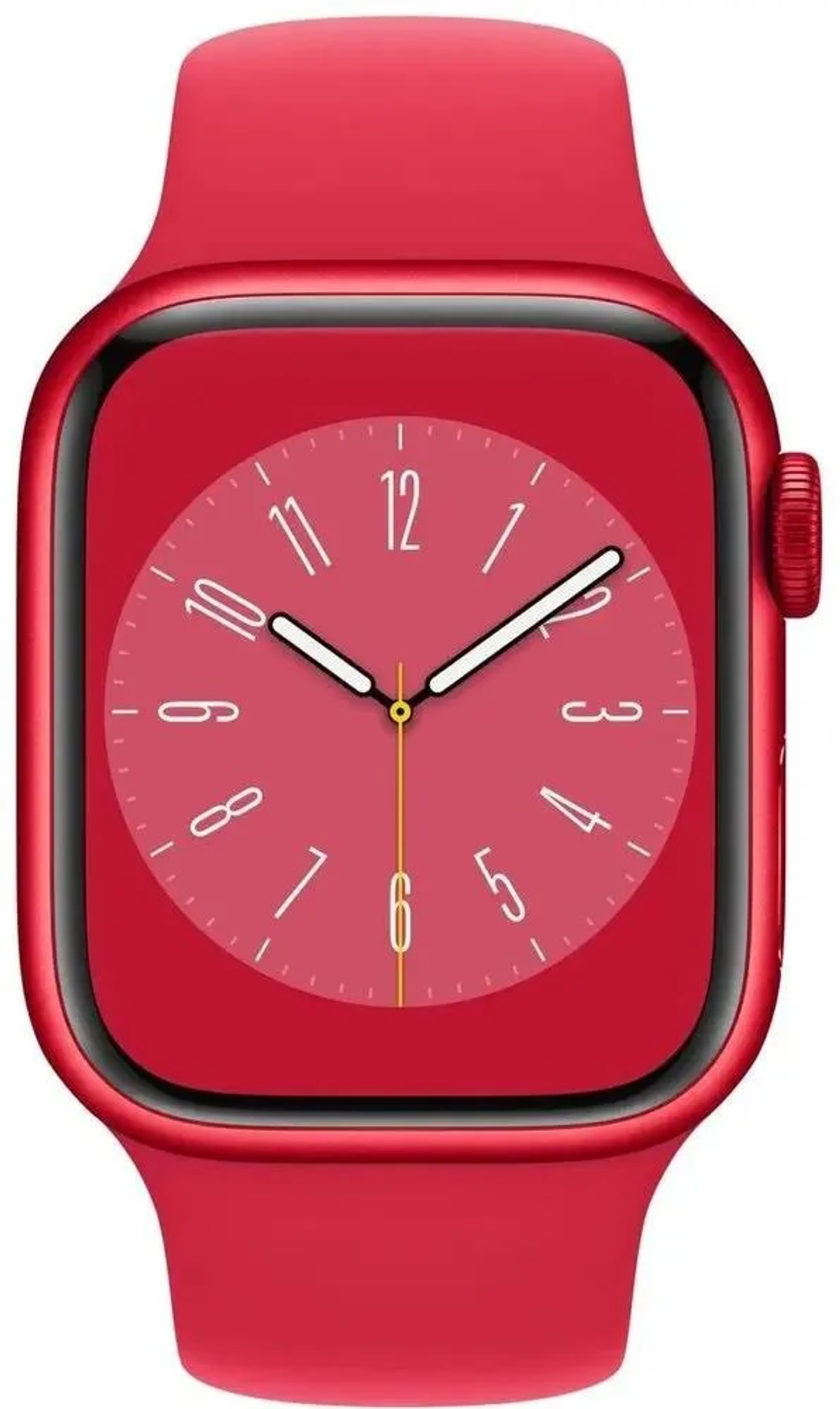 Rote Smartwatch mit rotem Armband. Rotes Zifferblatt mit weißen Zahlen.