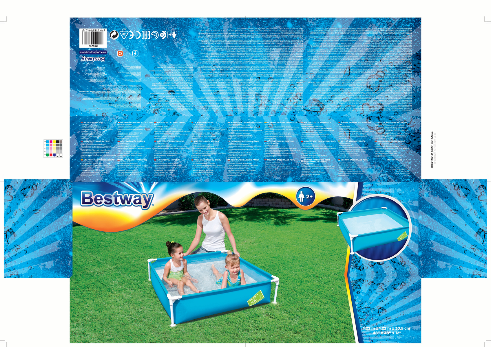 Karton mit einer Pool-Illustration. Eine Familie spielt in einem blauen Pool auf grünem Gras.
