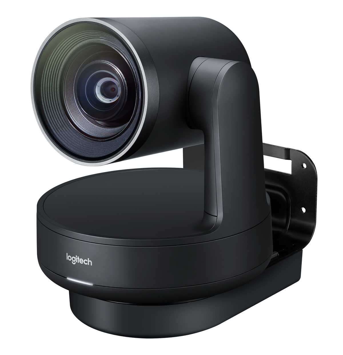 Schwarze Logitech Webcam, mit runder Linse und kleinem Licht.