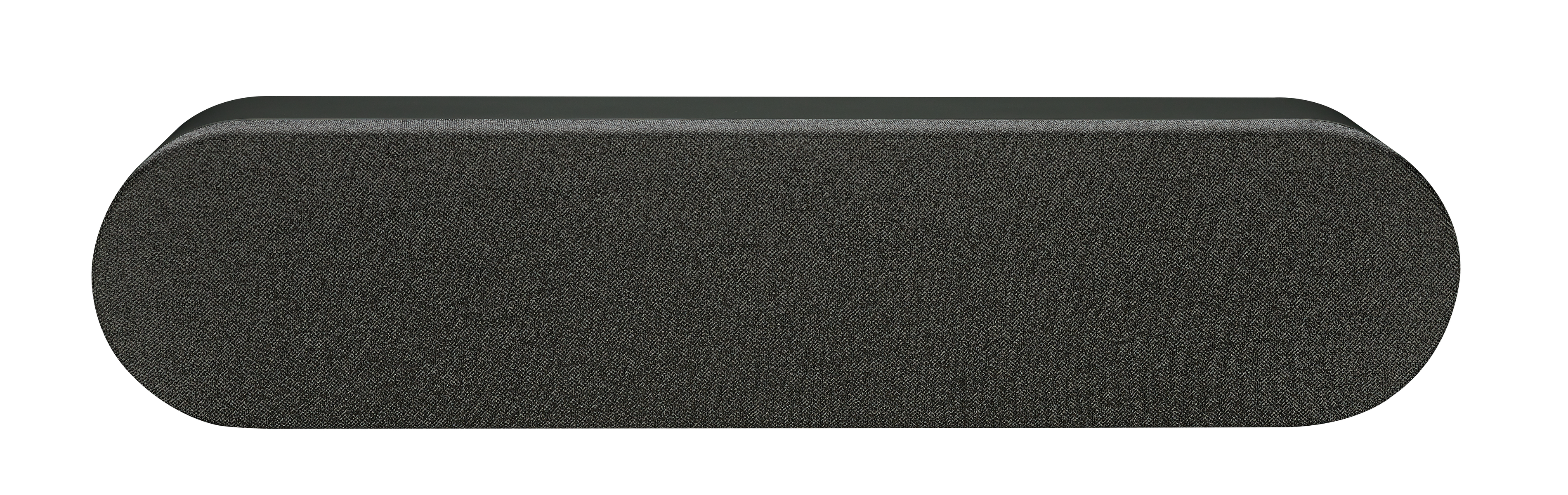 Dunkelgraue Soundbar, ovale Form, auf weißem Hintergrund.