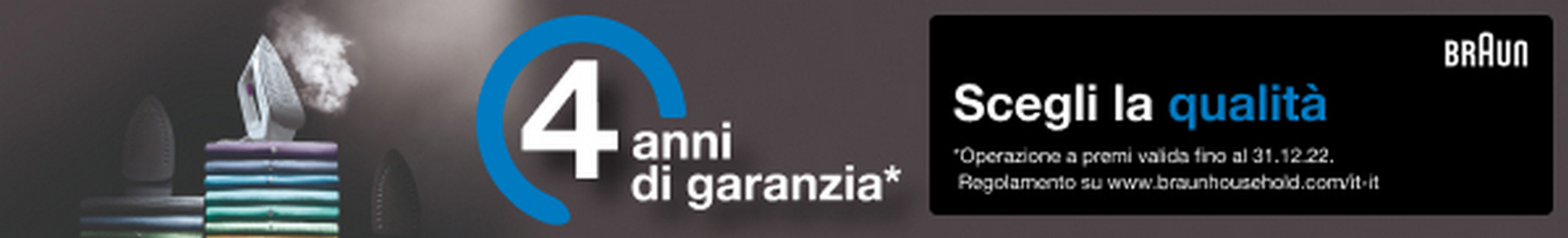 Eine Werbung mit Text, einschließlich 4 Jahre Garantie. Dunkler Hintergrund.