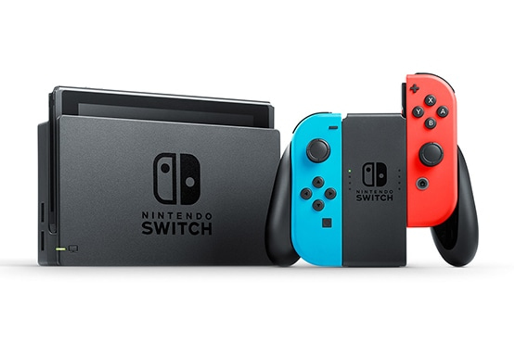 Eine Nintendo Switch-Konsole mit Dock und Joy-Cons in Blau und Rot, vor weißem Hintergrund.