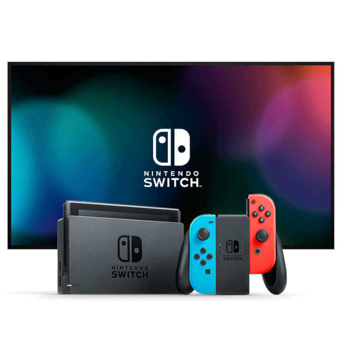 Nintendo Switch-Setup: Konsole und zwei Joy-Cons vor einem Fernsehbildschirm mit farbenfrohem Hintergrund.