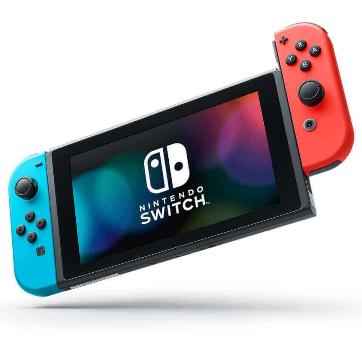 Eine Nintendo Switch-Konsole mit roten und blauen Controllern. Der Bildschirm zeigt das Nintendo Switch-Logo.