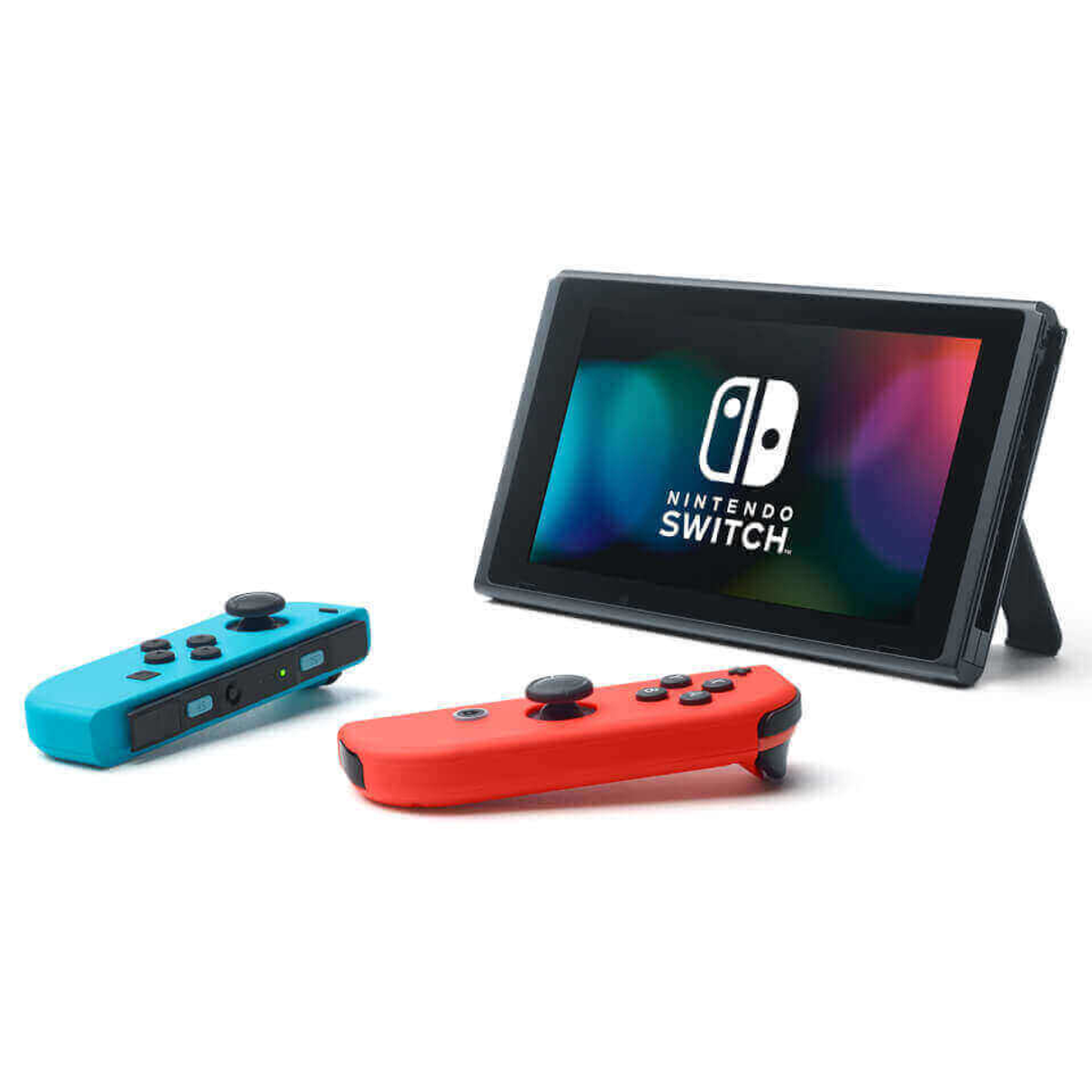 Nintendo Switch Konsole mit roten und blauen Joy-Cons und einem schwarzen Bildschirm.