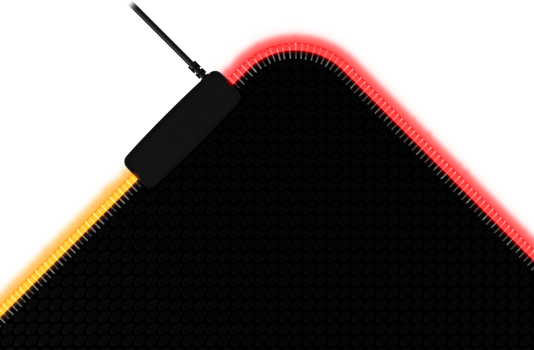 Un tappetino per mouse nero con un bordo rosso e giallo brillante e un cavo nero.
