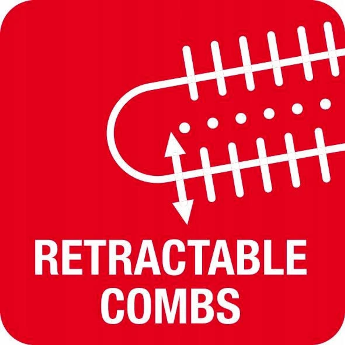 Czerwony kwadrat z białym tekstem: Grzebienie chowane, z ilustracją wsuwania grzebienia.