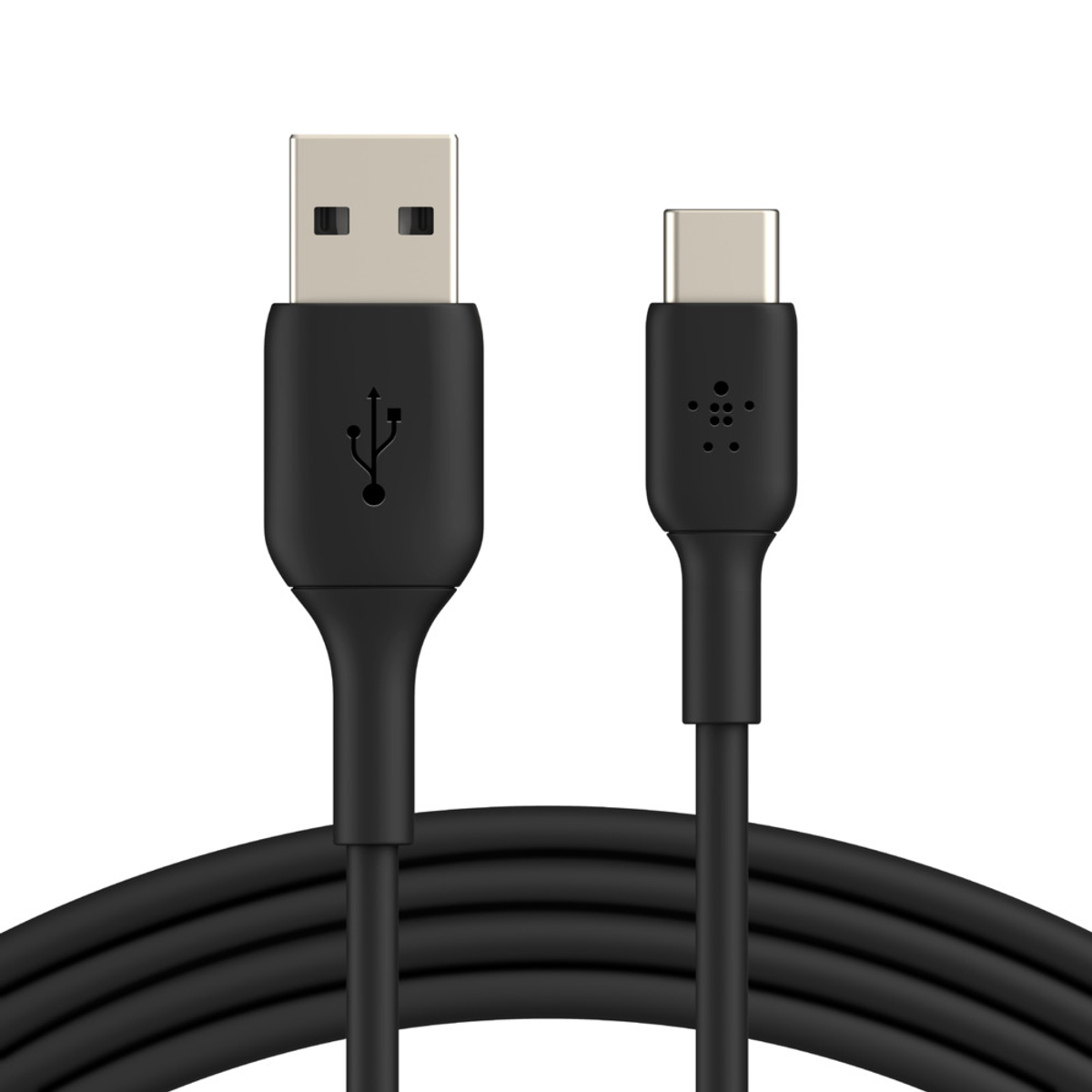 Cavo da USB a USB-C nero su sfondo bianco. Primo piano.
