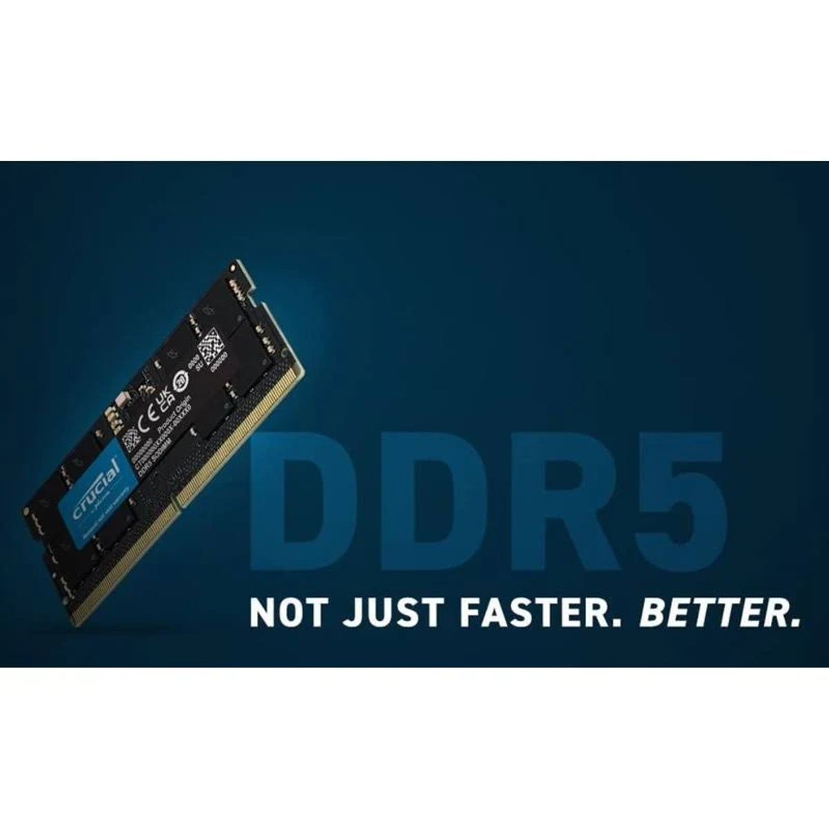 Niebieski moduł RAM Crucial DDR5 na niebieskim tle, z tekstem.
