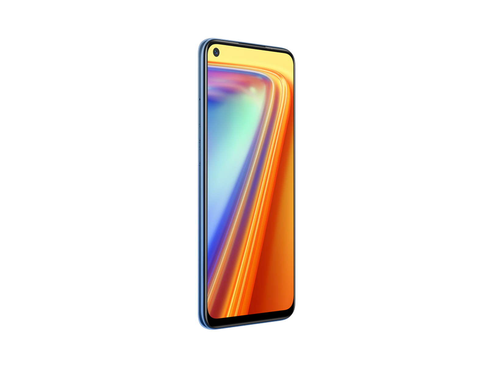 Niebieski smartfon pod kątem na czarnym tle z kolorowym ekranem.