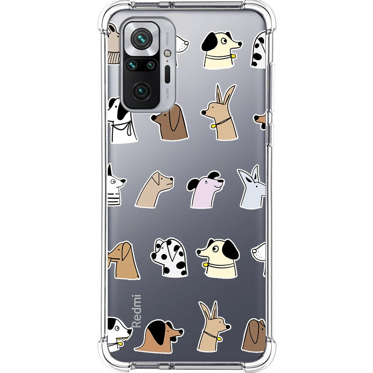 Funda de teléfono con muchas caras de perros de dibujos animados sobre un fondo transparente.