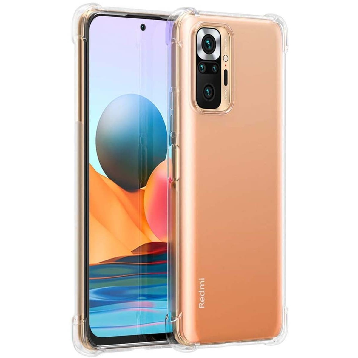Custodia trasparente e telefono con retro color rame.