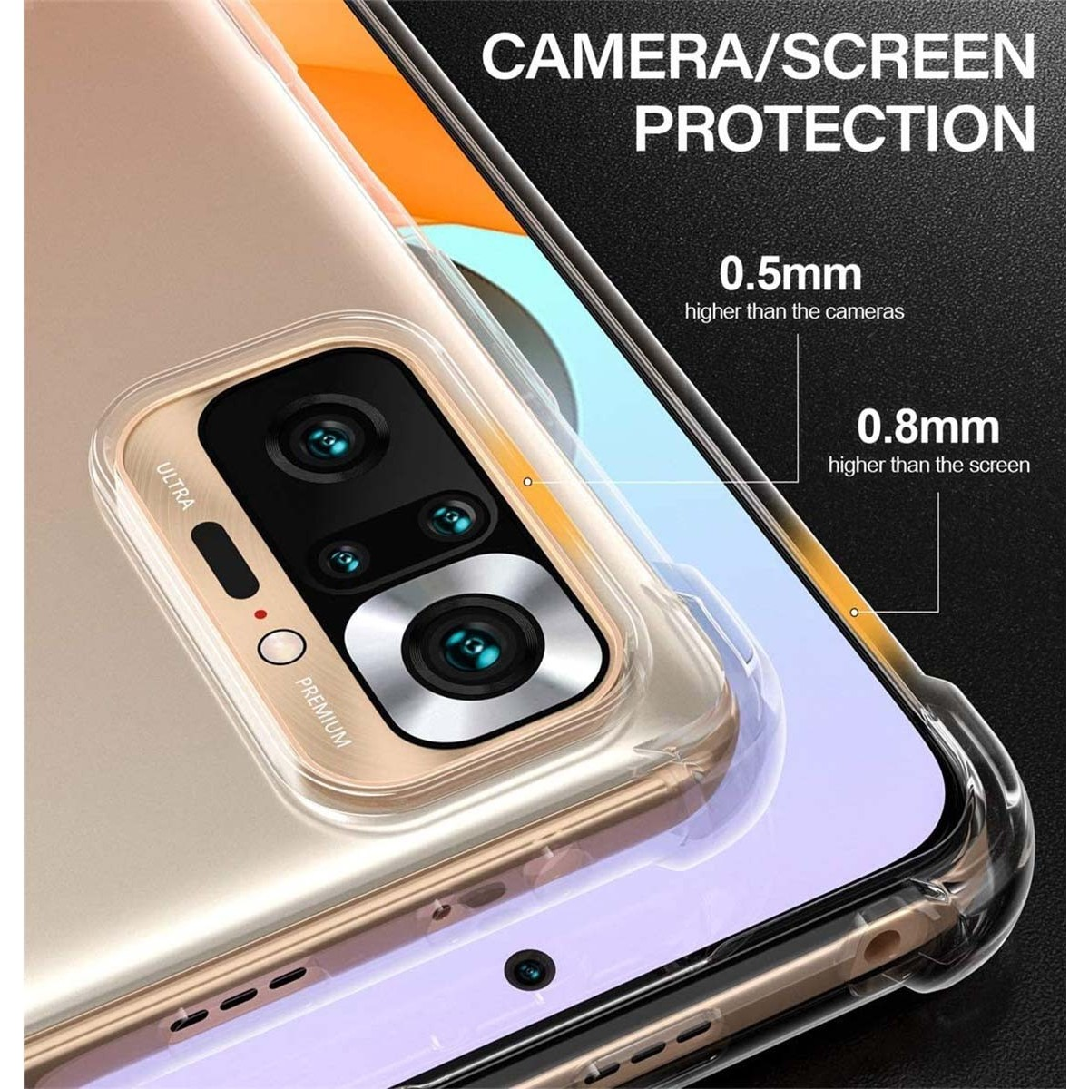Primo piano di una fotocamera del telefono e di una protezione per lo schermo. Il testo indica 0,5 mm e 0,8 mm più in alto.