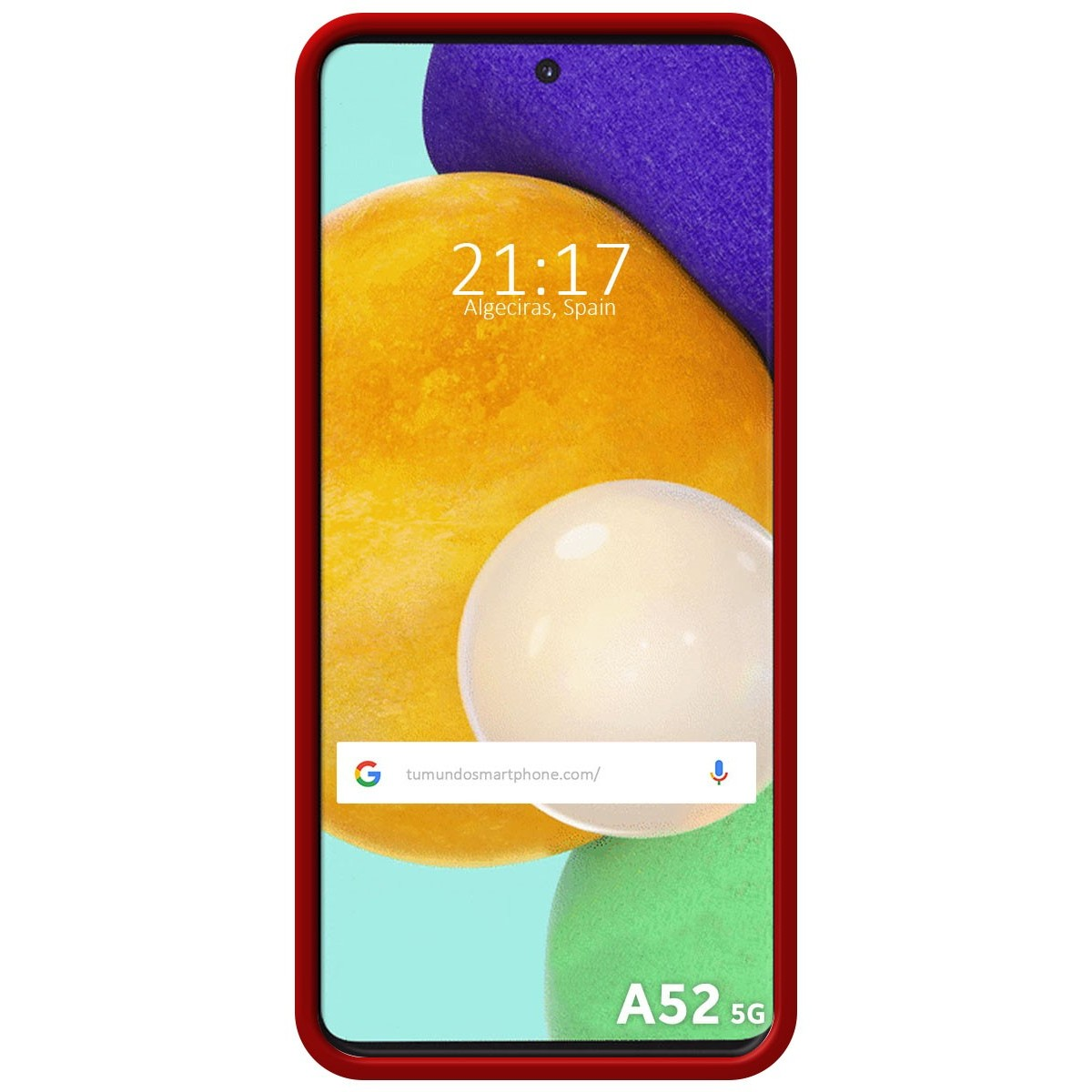 Schermo del telefono con forme astratte in giallo, bianco e viola, cornice rossa.