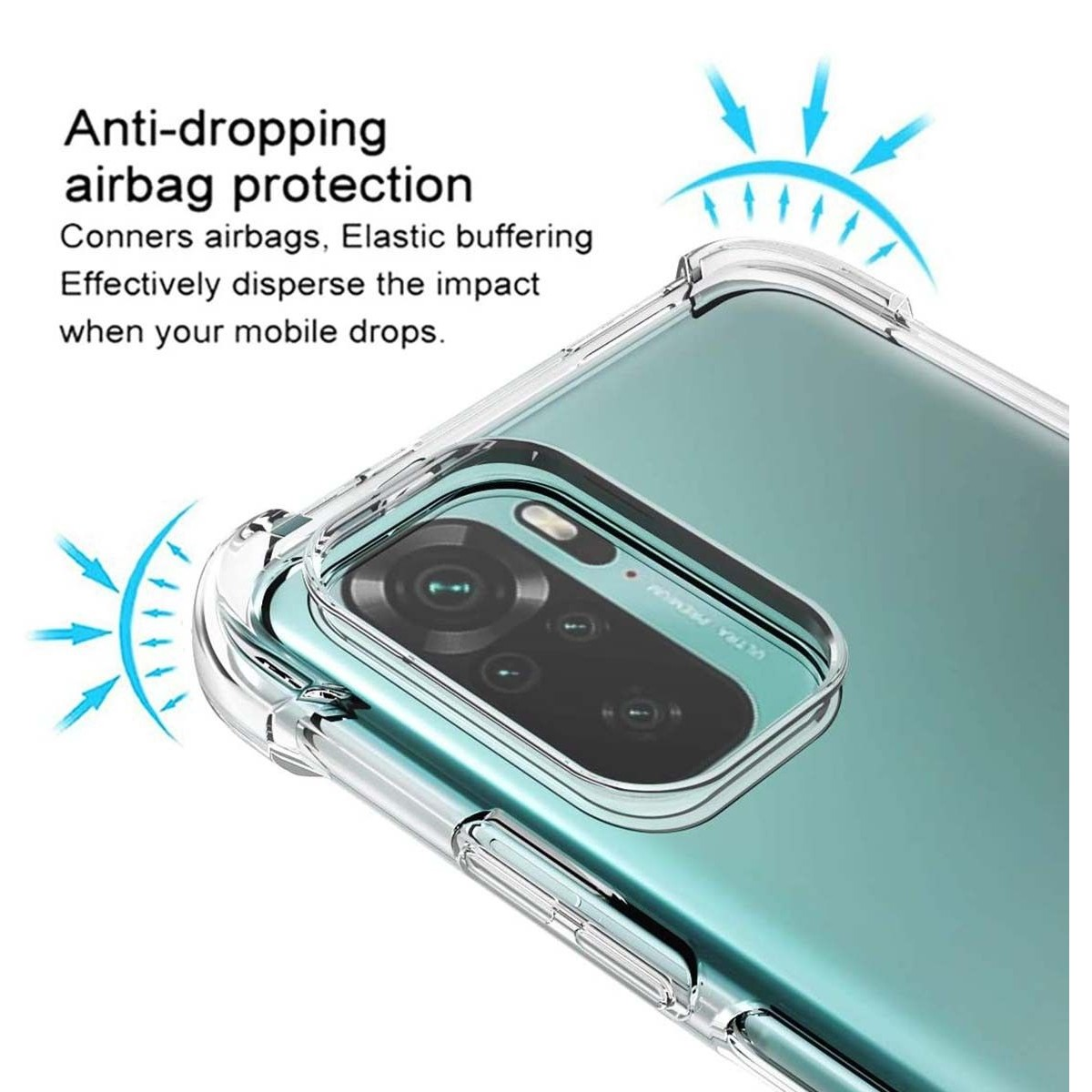 Una cover per telefono con protezione airbag anti-caduta. La fotocamera del telefono è visibile.