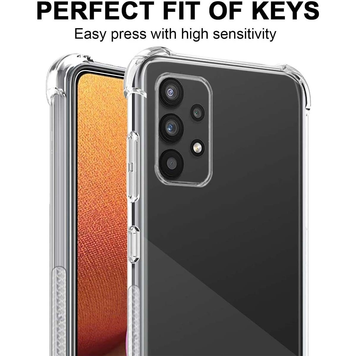 Custodia trasparente per telefono sopra un telefono. Testo: PERFECT FIT OF KEYS, Easy press with high sensitivity.